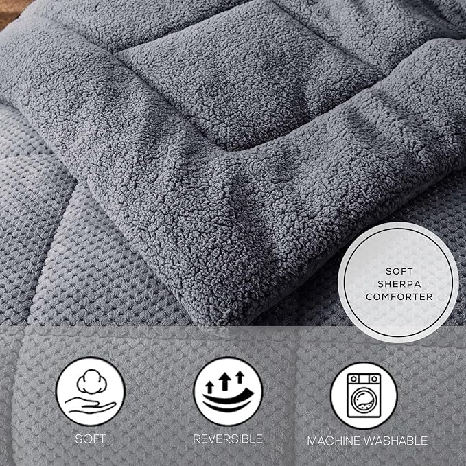 KASENTEX Super Ultra Soft Luxury Plush Sherpa Comforter, Cozy Reversible Fleece - Goose Down Alternative Fill, Machine Washable Bedding, Excalibur Grey, Queen Size