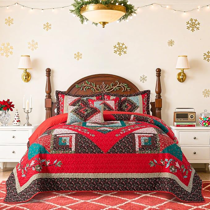 BEDIFANY Christmas King Size Quilt Set - Cotton Bedspreads King for Bed - Lightweight Farmhouse King Quilt Bedding Sets for All Seasons, 3 Pieces