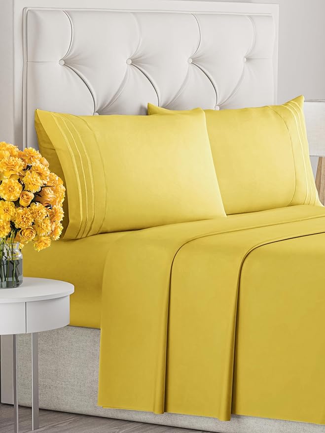 Queen Size 4 Piece Sheet Set - Extra Soft, Breathable & Cooling Sheets - Hotel Luxury Durable Bed Sheets for Women & Men - Deep Pockets, Easy-Fit & Wrinkle-Free Sheets - Mustard Oeko-Tex Bed Sheet Set