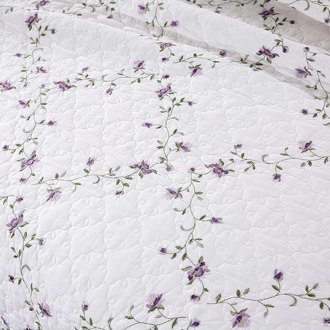 Quilt Set Purple Floral 3D Embroidery Pattern 3 PCS 100% Cotton Reversible Quilted Embroidered Decorative Bedspreads Coverlet Set, Lightweight &Soft King Size White Bedding Coverlet for All Season