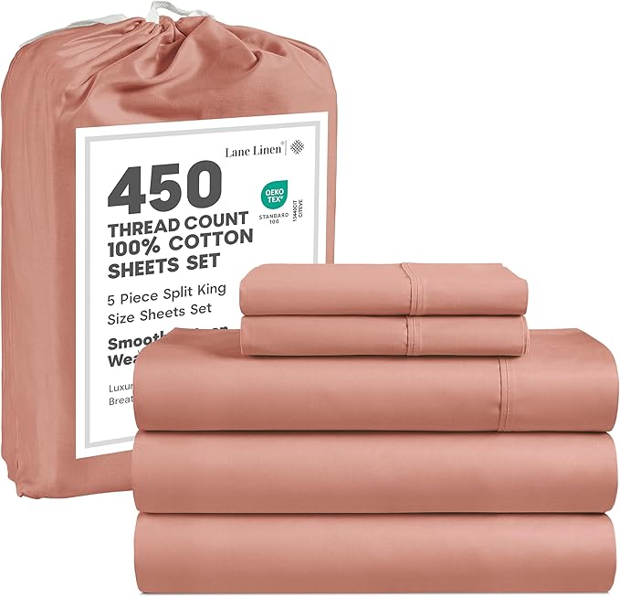 LANE LINEN Split King Bed Sheets for Adjustable Bed – 450 Thread Count Soft 100% Cotton Sheets, Breathable Sateen Weave, 15” Deep Pocket Fully Elasticized Fitted Sheet, Fade-Resistant, Rose Dawn