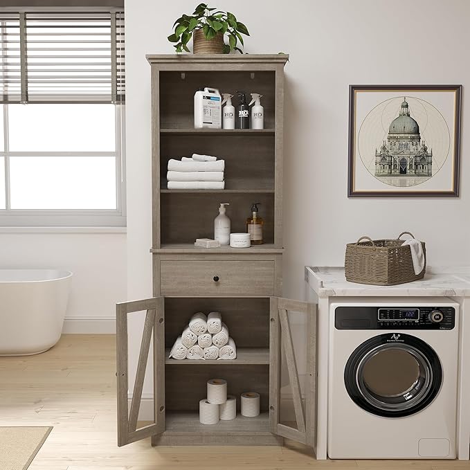 Farmhouse Bathroom Storage Cabinet,Tall Bathroom Shelf with Customizable Shelves,Adjustable Bookshelf Organizer for Living Room, Grey