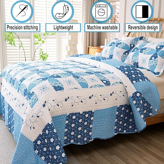 Cmfshape Blue Quilt Sets Bedspread Set 100% Cotton Patchwork Coin Pattern Bedding Set,All Season Use Lightweight Reversible Coverlet Quilts with 2 Pillow Shams(Queen 92"x96")