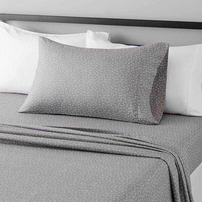 Amazon Basics Lightweight Super Soft Easy Care Microfiber 3-Piece Bed Sheet Set with 14” Deep Pockets, Twin, Gray Arrows-4 Pack, Printed