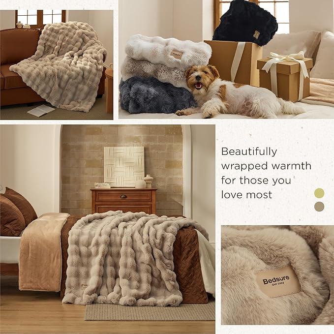 Bedsure GentleSoft Fluffy Faux Fur Throw Blanket, Fuzzy Soft Bubble Blanket for Couch, Faux Fur Decor for Home Bedroom Living Room, Thick Furry Cozy Gifts for Women, Beige, 50x60 Inch