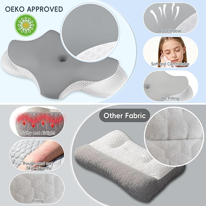 Cervical Neck Pillow for Pain Relief, Ergonomic Contour Pillow for Sleeping, 2 Heights Cooling Pillow for Neck and Shoulder Support, Memory Foam Orthopedic Pillow for Side Back Stomach Sleepers Grey