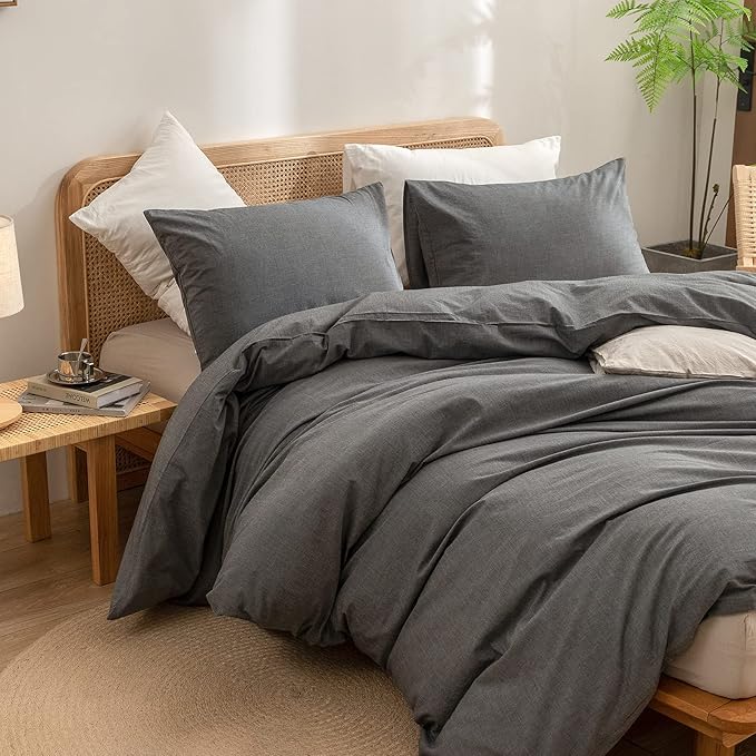BESTOUCH Duvet Cover Set 100% Washed Cotton Linen Feel Super Soft Comfortable Chic Lightweight 3 PCs Home Bedding Set Solid Dark Grey Super Queen