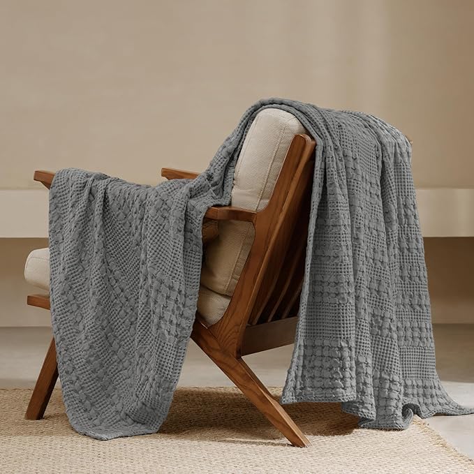PHF 100% Cotton Waffle Weave Throw Blanket, Soft Lightweight Breathable Cozy Throws for Couch Bed Sofa, Luxury Aesthetic Woven Blanket for Home Decor & Office, 50"x60", Dark Grey