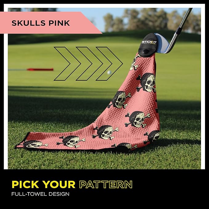 STICKIT Magnetic Golf Towel with Pink Skulls | Top-Tier Microfiber Golf Towel with Deep Waffle Pockets | Industrial Strength Magnet for Strong Hold to Golf Carts or Clubs