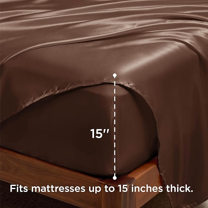 Bedsure Satin Sheets Full Size - 4 Piece Silky Bedsheets with 15 Inches Deep Pocket Fitted Bedsheet,1 Flat Sheet, 2 Satin Pillowcases, Good for Hair & Skin (Full, Coffee)