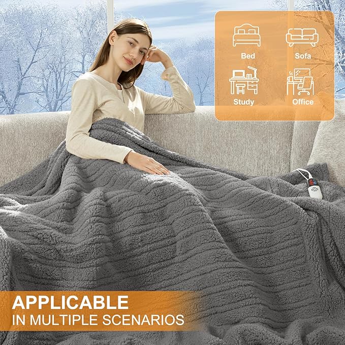 Heated Blanket Full Size 72"X84" Grey - Soft Double Sided Sherpa Electric Blanket Full Size with LED Display, 6 Heating Levels & 10 hrs Timer, Machine Washable & Fast Heating, Gift for Women