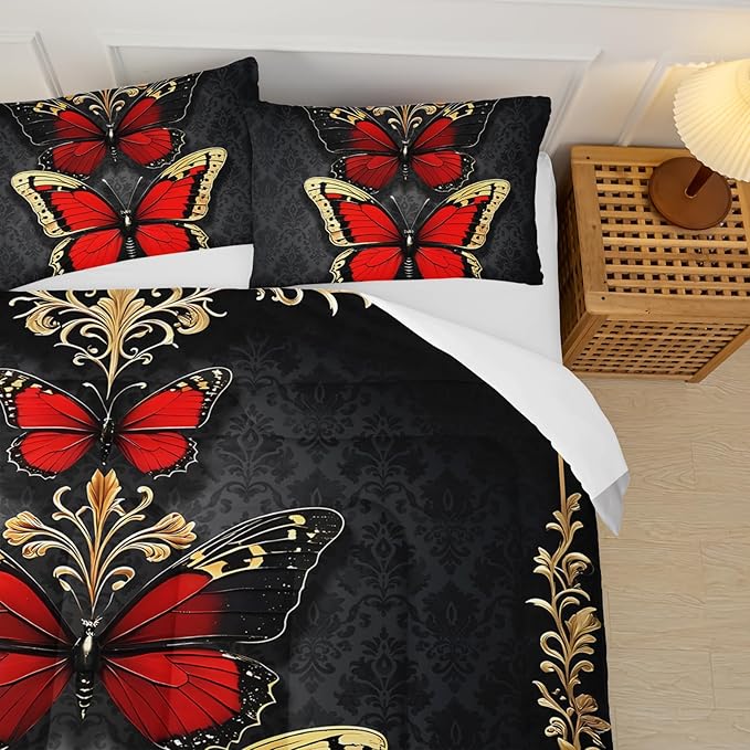 Red and Gold Butterfly Comforter Sets Queen Size Bed Set，Gothic Queen Size Bedding Set，with 1 Comforter with 2 Pillow Case，Butterfly Themed Bedroom Decor