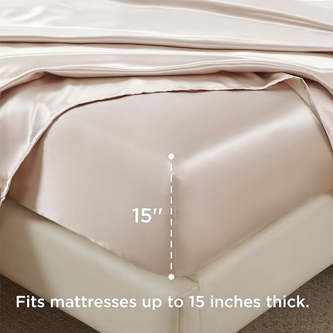 Bedsure Satin Sheets King Size - 4 Piece Silky Bedsheets with 15 Inches Deep Pocket Fitted Bedsheet,1 Flat Sheet, 2 Satin Pillowcases, Good for Hair & Skin (King, Beige)