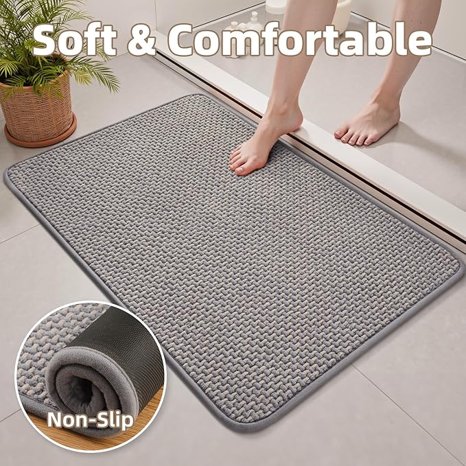 PADOOR-Bath Mat Runner-Super Absorbent Chenille Bathroom Mats-Rubber Backed Bath Mats for Bathroom Non Slip, Easy Clean Bathroom Runner Rugs Front of Bathtub,Shower Room,Sink-24×48, Grey&Beige