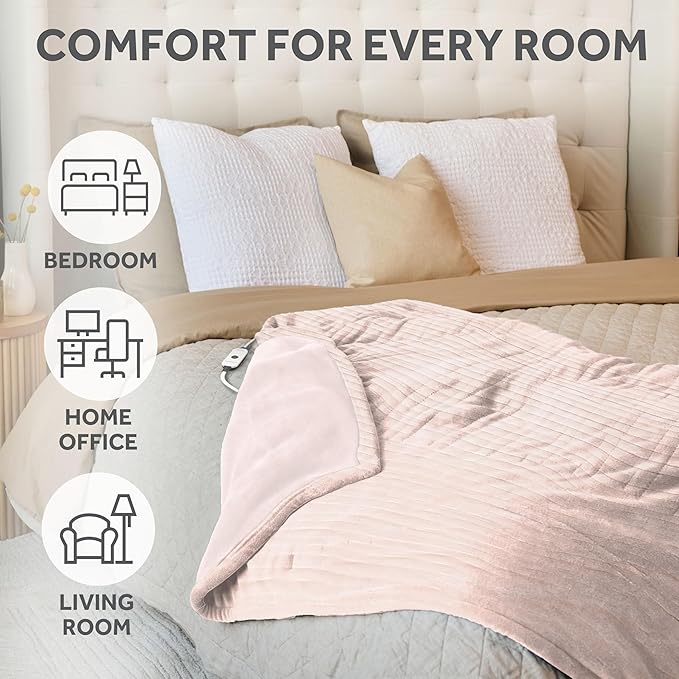 Sunbeam Electric Throw Royal Posh Velvet Heated Blanket, 4 Heat Settings, 4-Hour Auto Shut-Off, Fast Heating, Lush, Silky, and Ultra Comfy, Ribbed Champagne Color, 50" x 60"