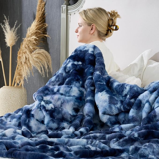 Cozy Bliss Faux Fur Throw Blanket for Couch, Fuzzy Soft Plush Thick Striped Blanket for Sofa Bedroom Living Room, 60 * 80 Inches Tie-dye Blue
