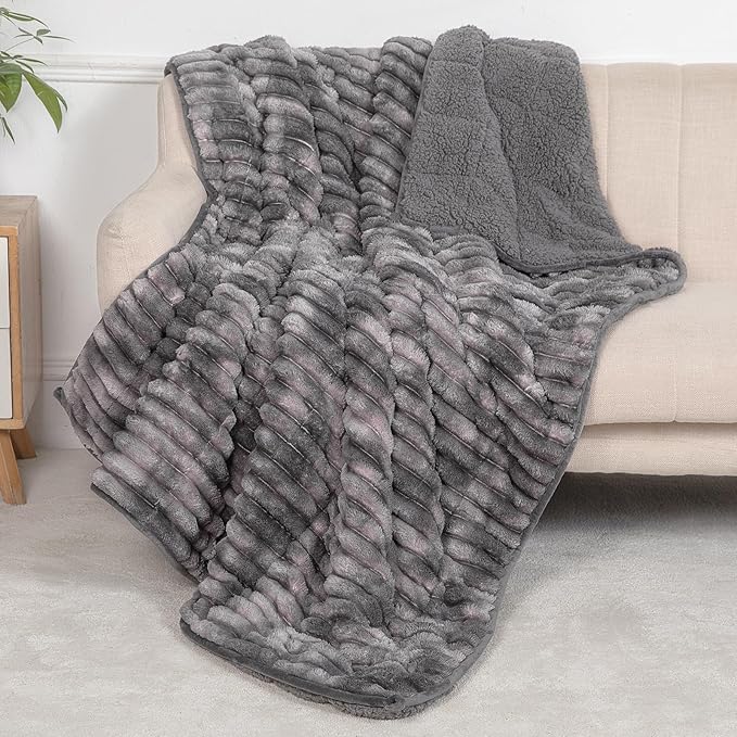 Sherpa Fleece Weighted Blanket with 3D Ribbed Stripes, 15 lbs Soft Flannel Heavy Throw Blanket for Couch Bed Sofa, Heavy Thick Blankets with Ceramic Beads, Great for Sleep, 48" x 72"