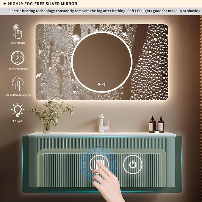 44” Bathroom Vanity Set, Floating Bathroom Vanities with Single Sink, Smart Defog Mirror Cabinet and LED Strip Light, Oak Wood Elegant Bathroom Cabinet with Storage Space (Milk Coffee)