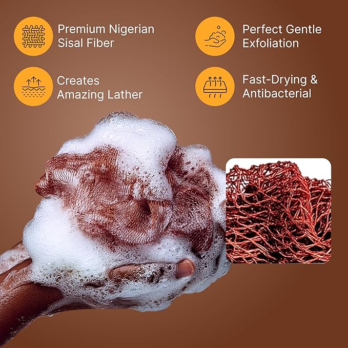 Nubiana African Net Sponge Authentic - 45 Inch Exfoliating Body Sponge from Nigeria - Natural Bath Sponge for Smooth Soft Skin - Long Lasting Quick-Drying - Single Pack (Wine Red)