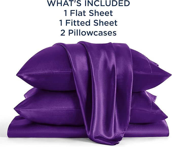 Bedsure Satin Sheets Full Size - 4 Piece Silky Bedsheets with 15 Inches Deep Pocket Fitted Bedsheet,1 Flat Sheet, 2 Satin Pillowcases, Good for Hair & Skin (Full, Purple)