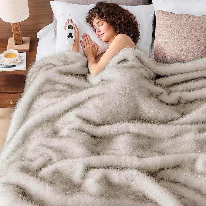 Heated Electric Blanket Throw,Octrot 50"X60" Faux Fur Heating Blanket Luxury Christmas Gifts Heavy Plush with 10 Heats Levels & 8 Hours Auto Off,Super Cozy Warm Fuzzy,Fluffy Decor Winter Warming,Beige