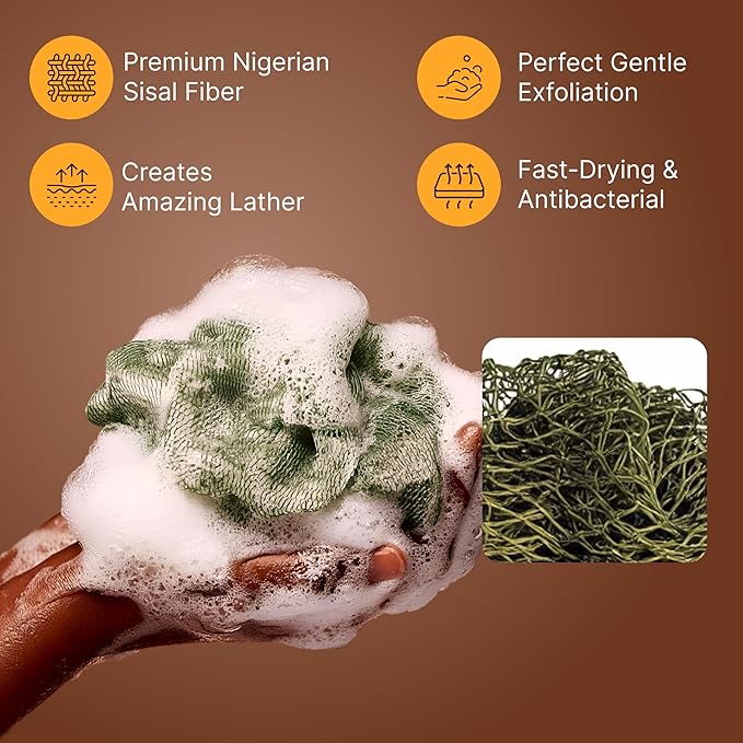 Nubiana African Net Sponge Authentic - 45 Inch Exfoliating Body Sponge from Nigeria - Natural Bath Sponge for Smooth Soft Skin - Long Lasting Quick-Drying - Single Pack (Olive Green)
