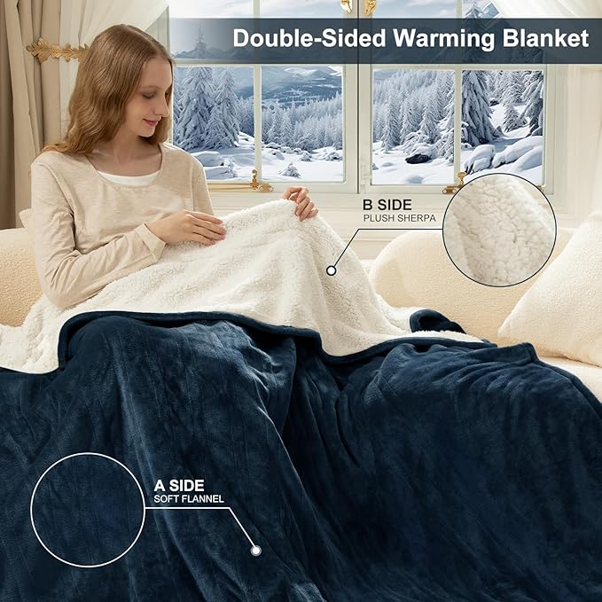 Heated Blanket King Size - Dual Control King Electric Blanket with 5 Heat Settings, 10 Hrs Auto Off for Bed, ETL Certified, Washable Flannel Sherpa Heating Blankets 100" x 90", Navy