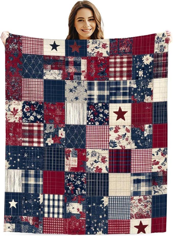 Printed Patchwork Country Blanket Throw for Women and Men, Farmhouse Vintage Blanket Gift, Lightweight Fleece Americana Rustic Home Decor, 40"×50"