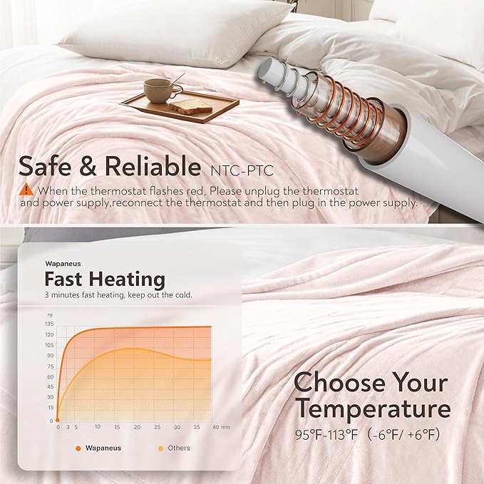 Wapaneus Foot Pocket Heated Blanket Electric Throw with 10 Heating Levels and 4 Timer Settings 4 Hours Auto Shut Off, Flannel Fast-Heating Heated Throw 50" x 60", Machine Washable, Pink