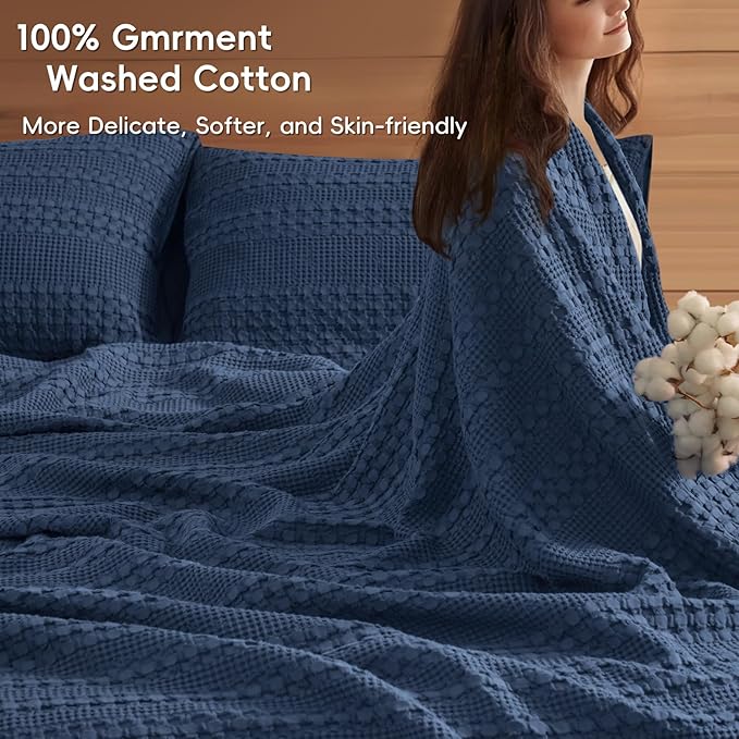 PHF 100% Cotton Waffle Weave Blanket Queen Size for Bed, Soft Lightweight & Breathable, All-Season Comfort, Luxury Aesthetic Woven Bedding for Home Decor, 90"x90", Blue Sapphire