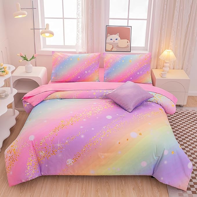 Rainbow Bedding Set Twin Size – 6-Piece Reversible Girls Comforter with Deep-Pocket Sheet, Gradient Galaxy Design, Whole-Piece Filling, Machine Washable Bed-in-a-Bag for Kids Room Makeover & Gifts