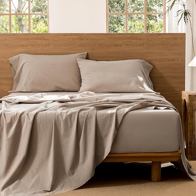 MooMee Bedding Sheet Set 100% Washed Cotton Linen Like Textured Breathable Durable Soft Comfy (Heathered Taupe, King)