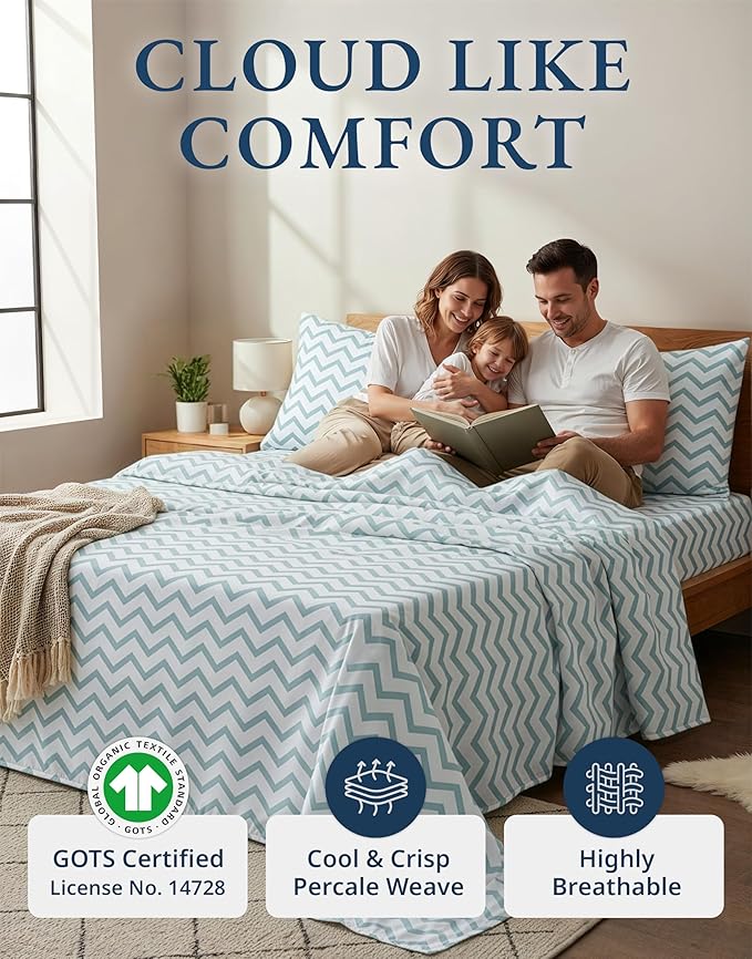 LANE LINEN 100% Organic Cotton Printed King Sheets, Soft & Comfy Percale Sheets Naturally Temperature Regulating Mercerized Cotton Fully Elasticized Printed King Bedding Set-Chevron