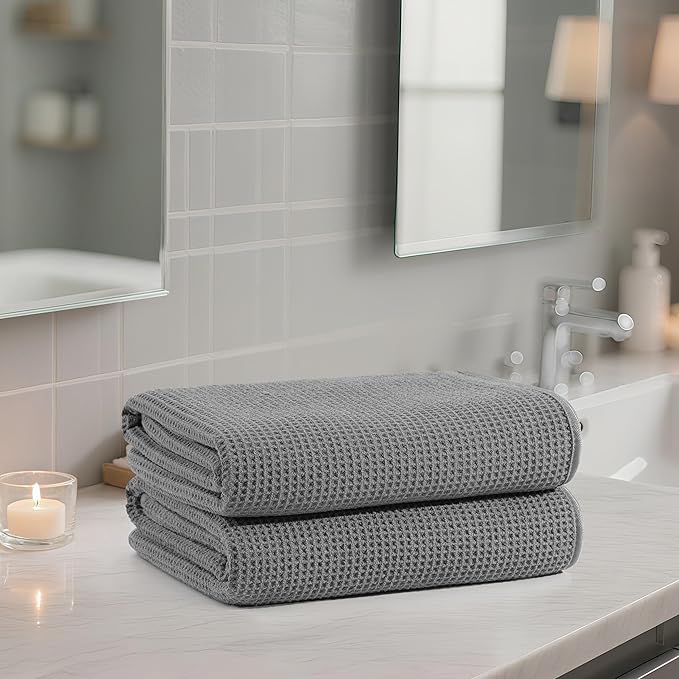POLYTE Microfiber Oversize Quick Dry Lint Free Waffle Bath Towel for Body, 60 x 30 in, Set of 2