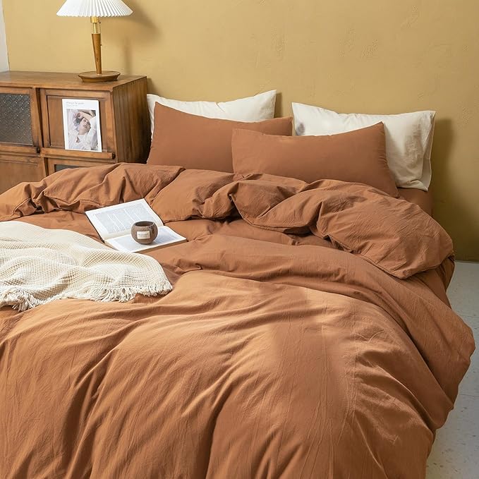 FOSSA Linen Duvet Cover Set 100% Washed Cotton Linen Feel Super Soft Breathable Cozy Simple Style 3 Pieces Bedding Sets Solid Dark Orange Super King Plus