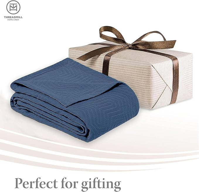 Threadmill Luxury Cotton Blankets for Queen Size Bed | All-Season 100% Cotton Queen Size Blanket | Aster Cozy Lightweight, Soft Breathable Coverlet fits Full Size Bed, 90x92 | Folkstone Blue