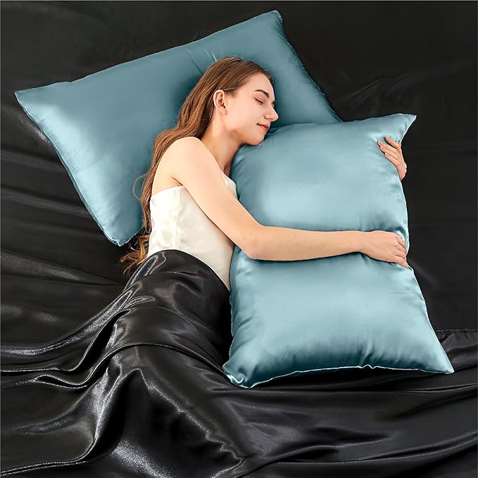 INFIIXSO Mulberry Silk Pillowcase for Hair and Skin, Silk Pillow Cases Queen Size Set of 2 with Hidden Zipper 20x30 Inches, Smooth and Soft Cooling Pillow Cases for Hot Sleepers(Haze Blue, 2 Pack)