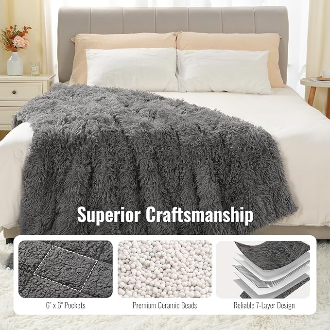 Uttermara Shaggy Faux Fur Weighted Blanket Queen Size, 12 lbs Long Fur Sherpa Soft Fluffy Bed Blanket for Adults, Ultra Cozy Warm Sherpa Throw Full/Queen Size Sofa Bed Blanket, 48 x 72inches, Grey