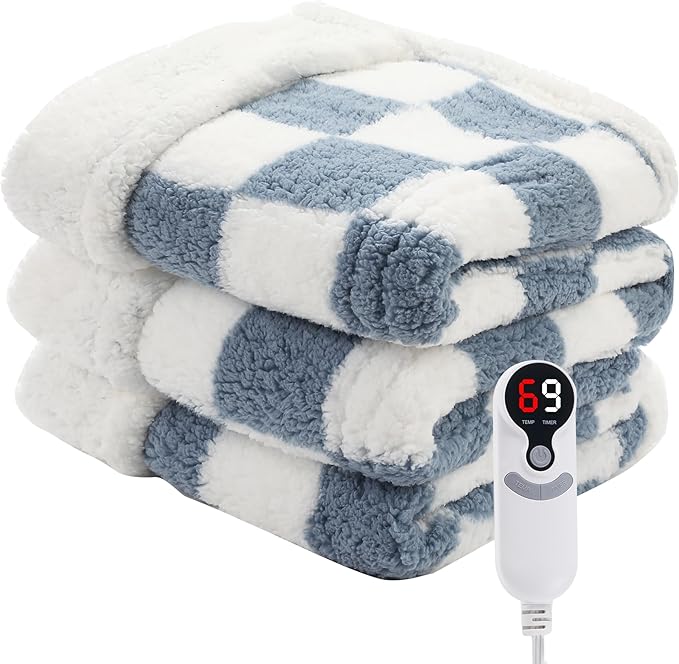 Electric Heated Blanket 6 Heating Settings & 1-10H Auto Off Full 72×84 Checkered Plaid Double Sided Plush Sherpa Ultra-Soft Warm Thick, Machine Washable, Fast Heating, Home Office Light Blue