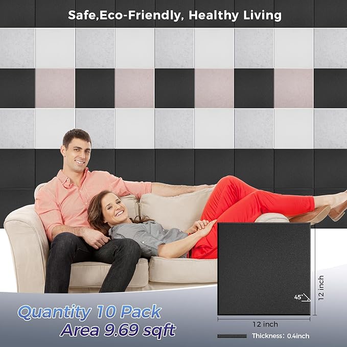 10 pcs 165dtex Microfiber Acoustic Panels ，Self-Adhesive Cork Boards , 12 x 12 x 0.4 in Sound Proof Foam Panels for Walls,Black Bulletin Board，Push Pin Board for Office,Felt Board