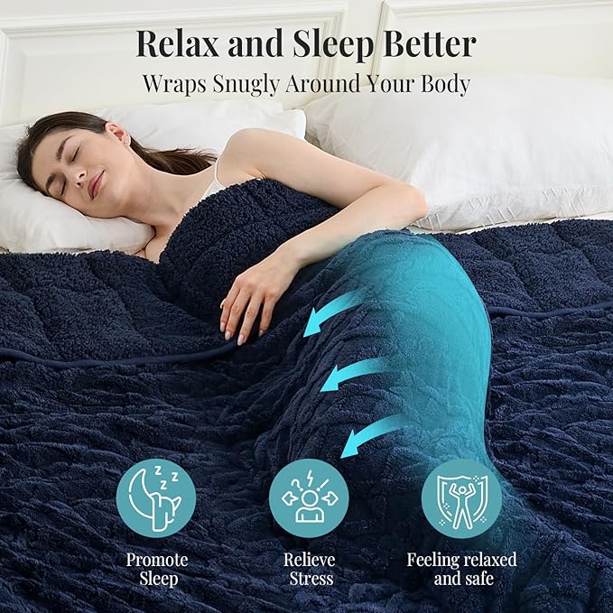 Topblan Weighted Blanket Twin Size 15 Pounds, Soft Weighted Blanket with Doubled-Sized Shaggy Sherpa, Jacquard Knitted Stylish Weighted Throw Blanket for Better Sleep, Navy Blue, 48 x 72 inches