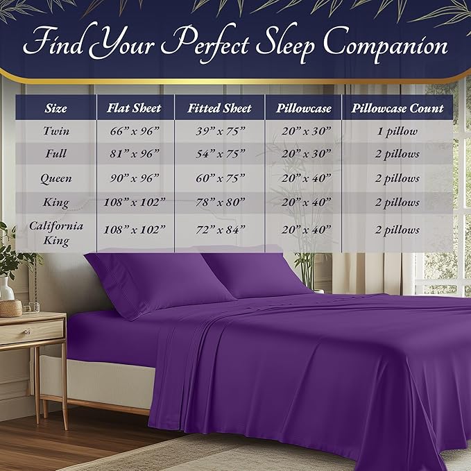 DECOLURE 100% Viscose Derived from Bamboo Sheets Full Size 4pcs - Ultra Soft & Luxuriously Cooling, 17" Deep Pocket, Double Stitching, Perfect for Hot Sleepers - Full Bed Sheets (Purple)