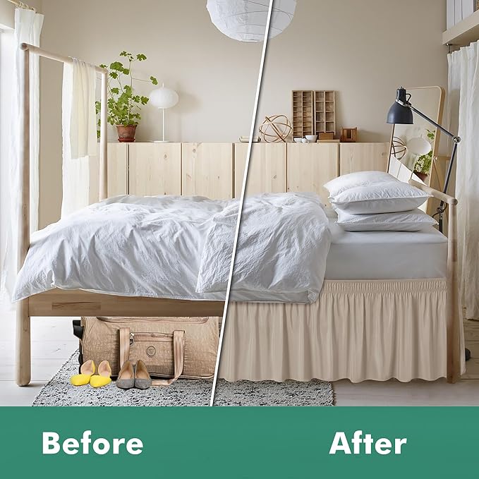 Biscaynebay Wrap Around Bed Skirts with Split Corners for Full Beds 18" Drop, Light Camel Adjustable Elastic Dust Ruffles Easy Fit Wrinkle Resistant Silky Luxurious Fabric Machine Washable