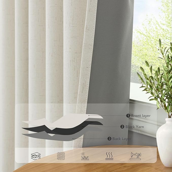 Extra Wide Room Darkening 90 Inch Curtains 2 Panels for Living Room Ivory Cream Colored Linen Blackout Curtain for Bedroom Windows 120 to 140 Privacy Thermal Window Drapes Back Tab Pocket 70x90 Long