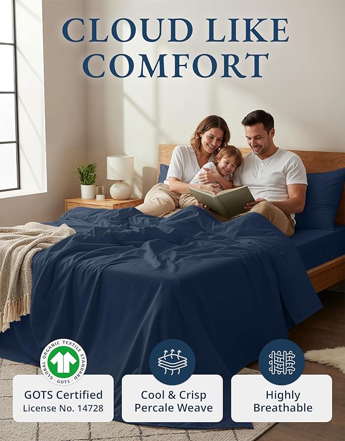 LANE LINEN 100% Organic Cotton California King Bed Sheets, 4-Piece Pure Percale Sheets Soft Breathable Cotton Bed Sheets, Deep Cal King Sheets for Thick Mattress - Navy