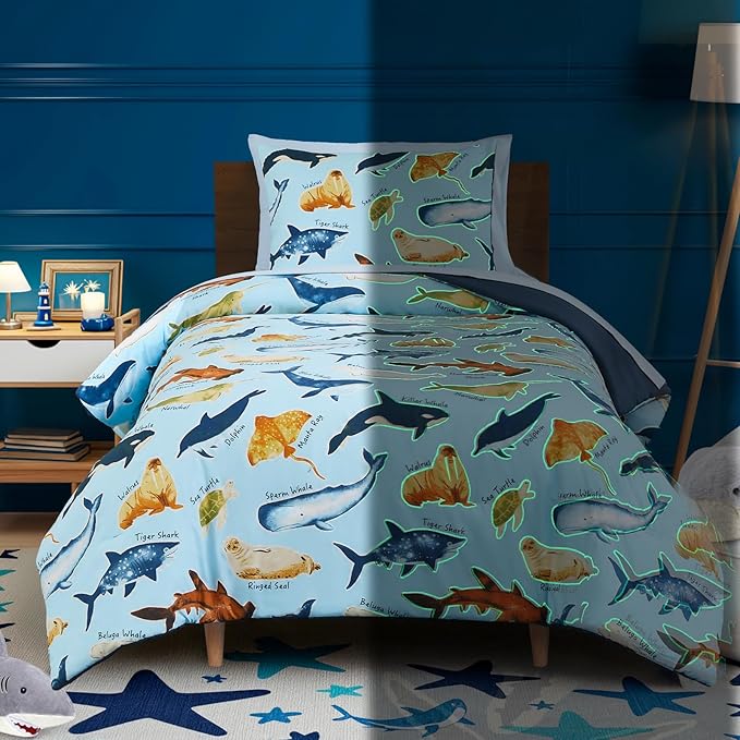 Kids Comforter Set Twin Size for Boys, Glow in The Dark Sea World Bedding Set 1 Comforter, 1 Decor Pillow, 1 Pillow Shams