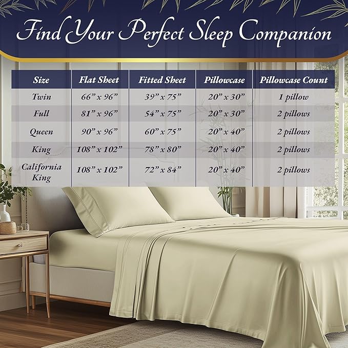 DECOLURE 100% Viscose Derived from Bamboo Sheets Cal King Size 4pcs - Ultra Soft & Luxuriously Cooling, 17" Deep Pocket, Double Stitching, Perfect for Hot Sleepers - King Bed Sheets (Creme)