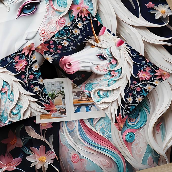 White and Pink Unicorn Flower Full Size Comforter Set for Girls，Kids Full Size Unicorn Bedding Sets for Girls