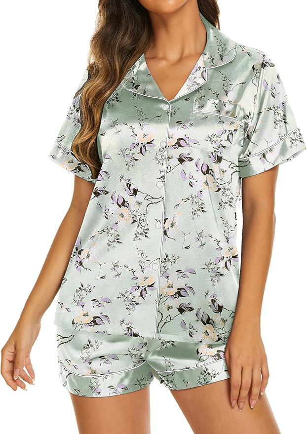 Ekouaer Pajamas for Women Set Silk Satin Pjs Shorts Sleepwear 2 Piece Loungewear S-XXL