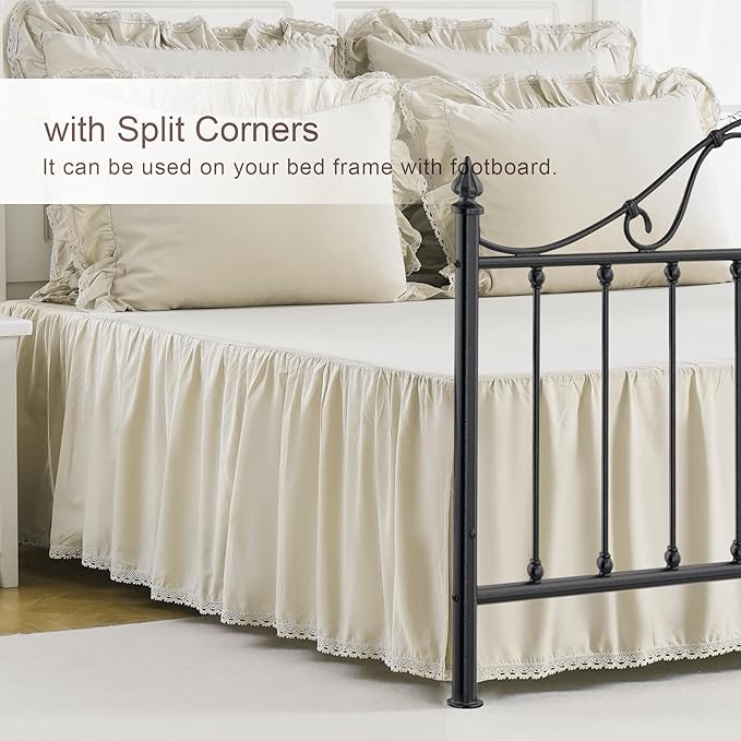 Queen Size 14 inch Drop Ivory Dust Ruffle, 100% Lightweight Cotton Ruffled Bed Skirt, French Coutry Style, Lace Ruffled Bed Skirt with Split Corners